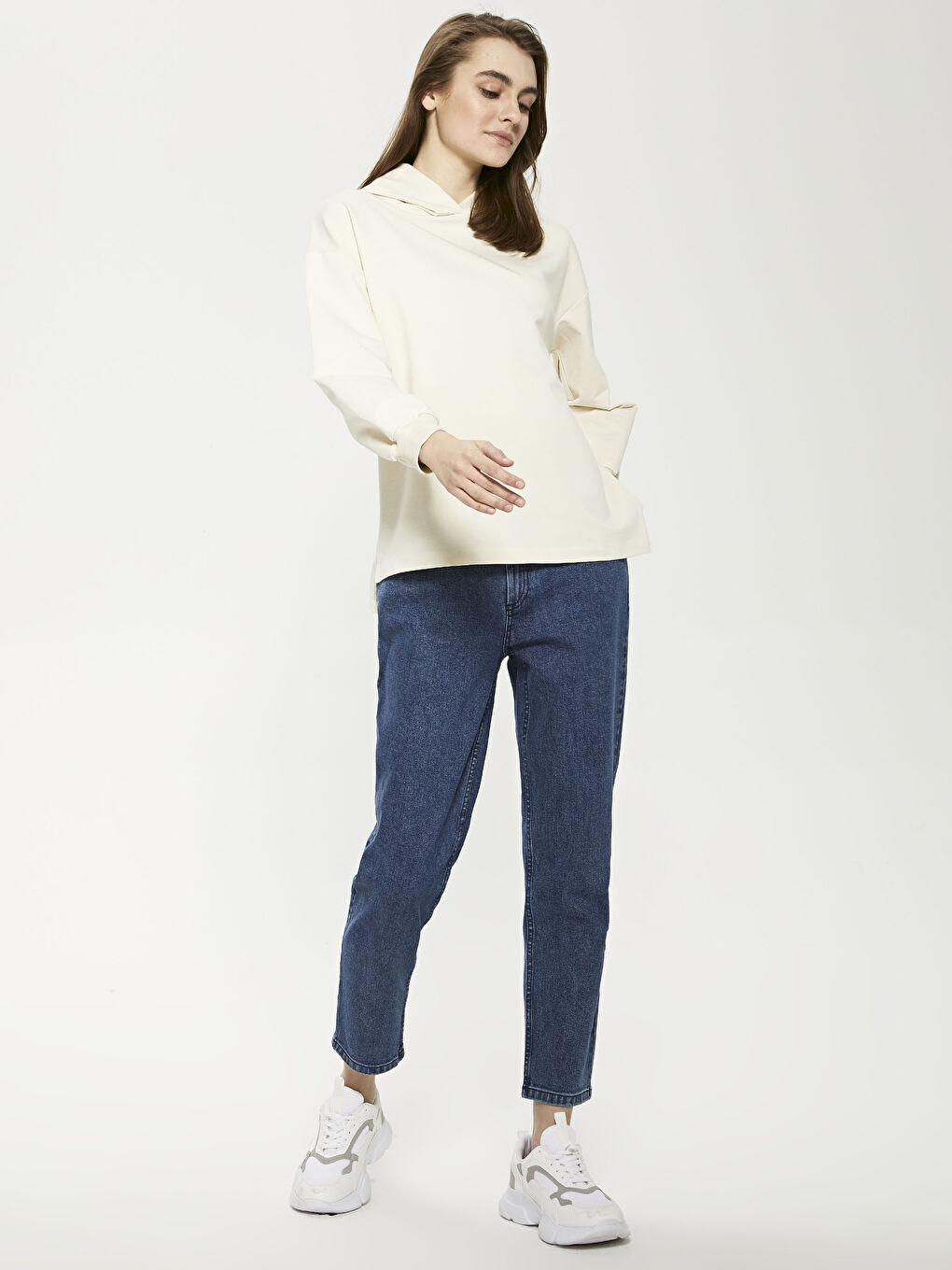 Ekru Kapüşon Yaka Düz Uzun Kollu Kadın Sweatshirt Tunik-2