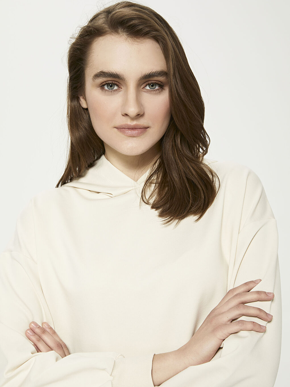 Ekru Kapüşon Yaka Düz Uzun Kollu Kadın Sweatshirt Tunik-3