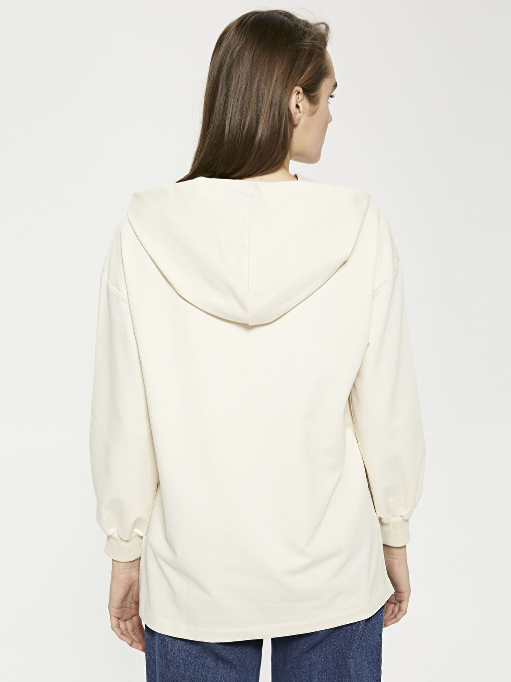 Ekru Kapüşon Yaka Düz Uzun Kollu Kadın Sweatshirt Tunik-4