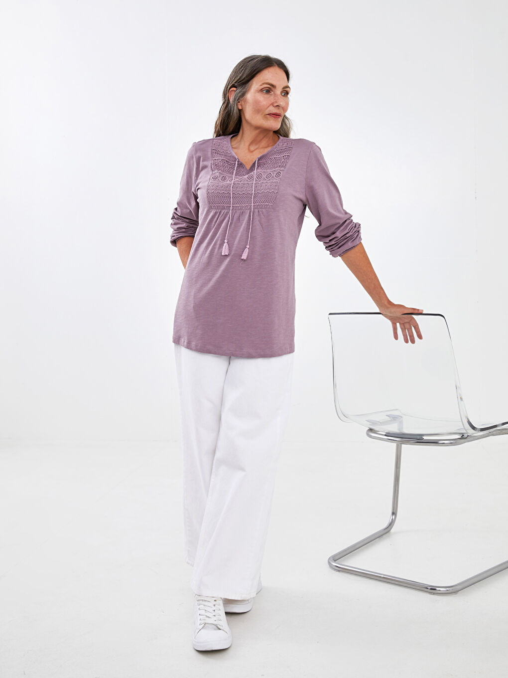 Tie Neck Embroidered Long Sleeve Women's Blouse-2