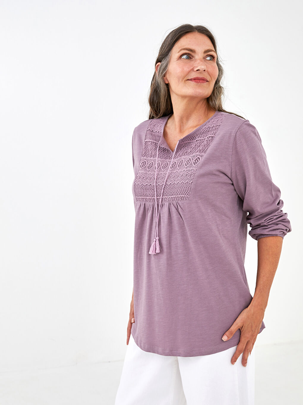 Tie Neck Embroidered Long Sleeve Women's Blouse