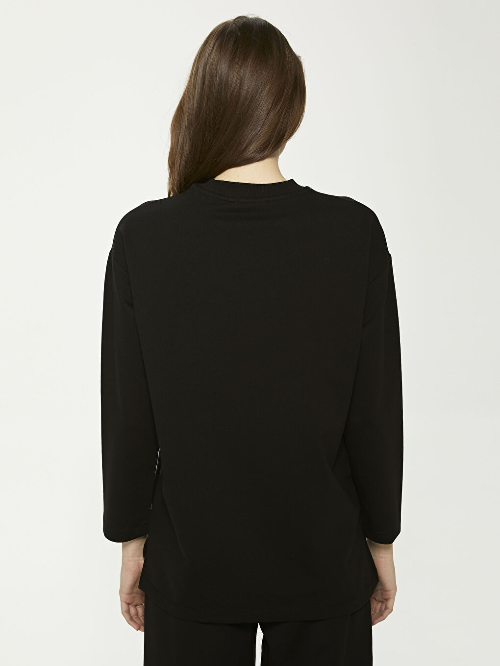 Siyah Bisiklet Yaka Düz Uzun Kollu Kadın Sweatshirt Tunik-4