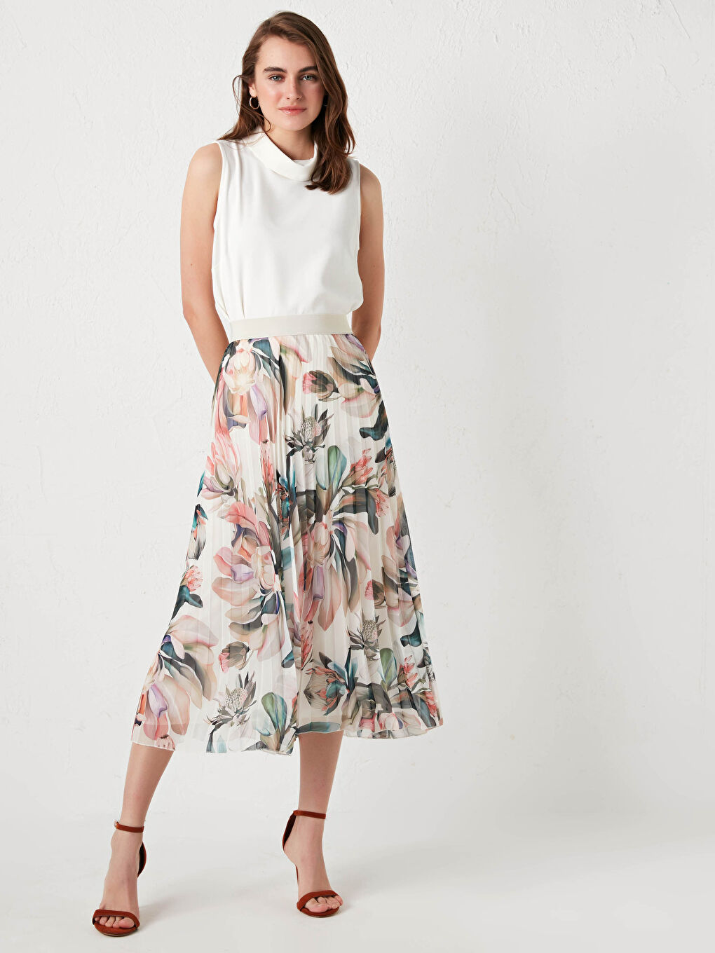Karışık Beli Lastikli Çiçek Baskılı Şifon Kadın Pileli Etek