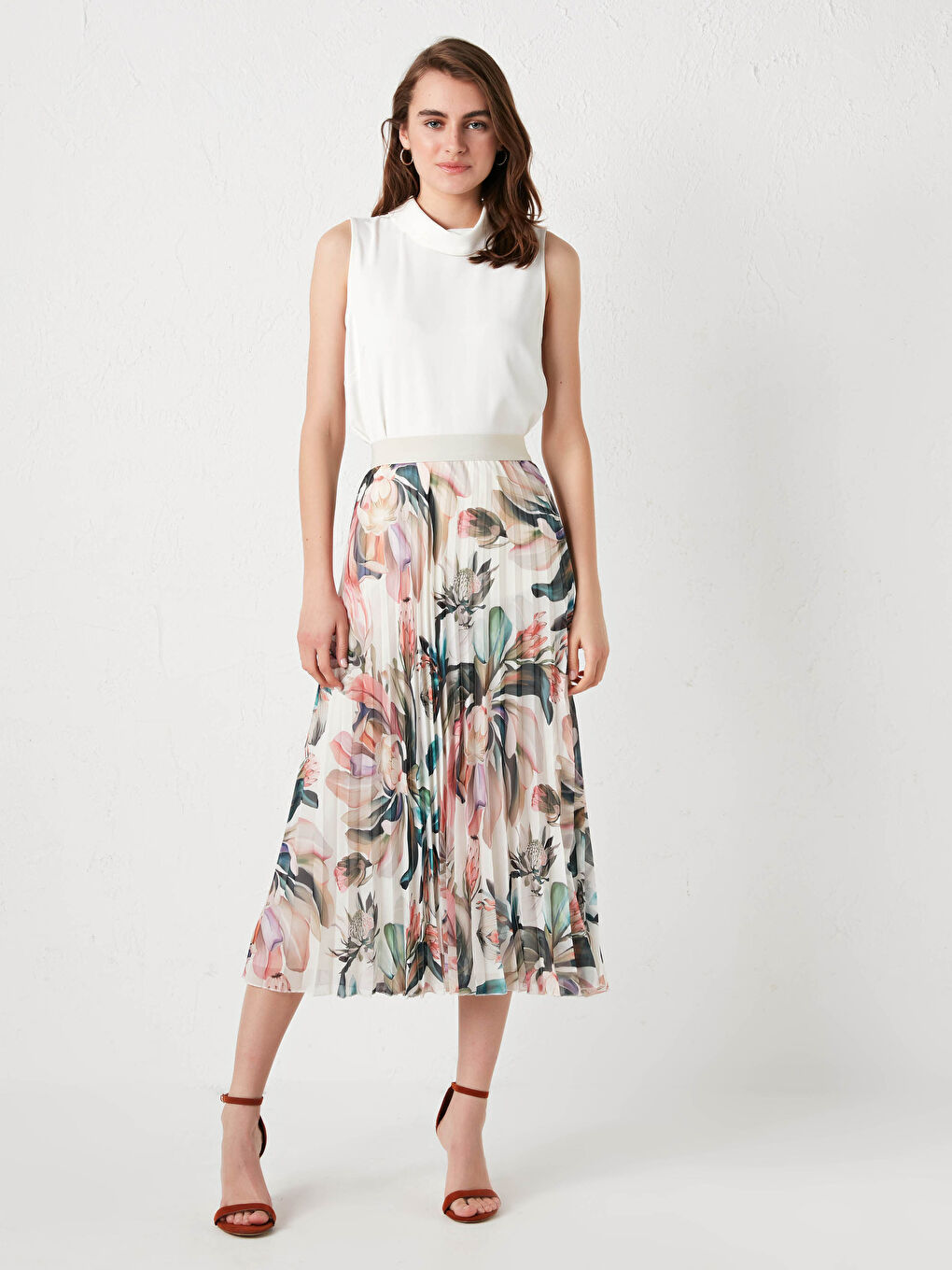 Karışık Beli Lastikli Çiçek Baskılı Şifon Kadın Pileli Etek-2