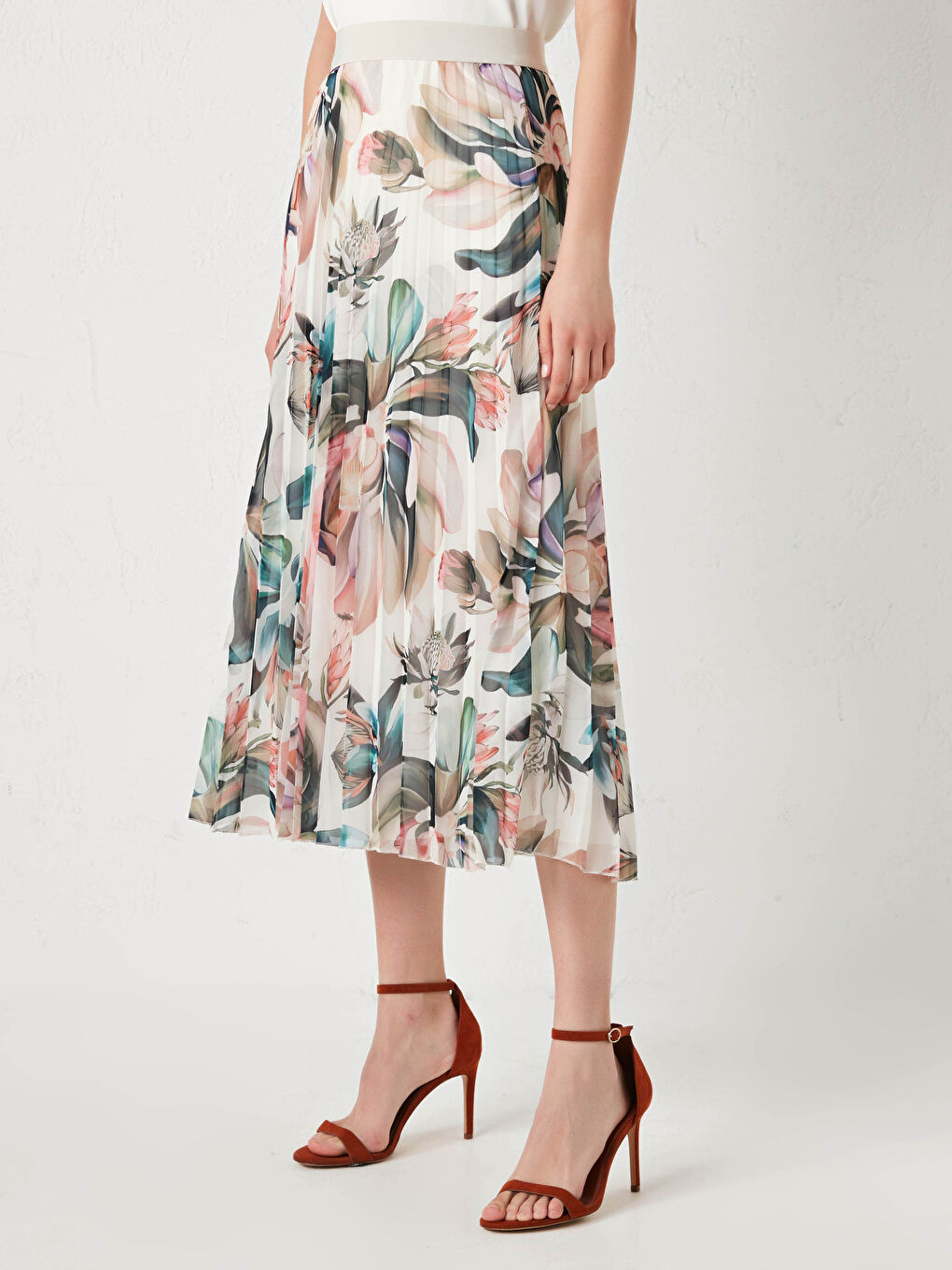 Karışık Beli Lastikli Çiçek Baskılı Şifon Kadın Pileli Etek-3