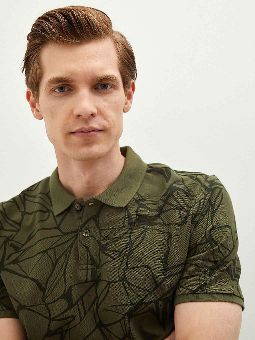 Haki Polo Yaka Kısa Kollu Desenli Pike Erkek Tişört-2