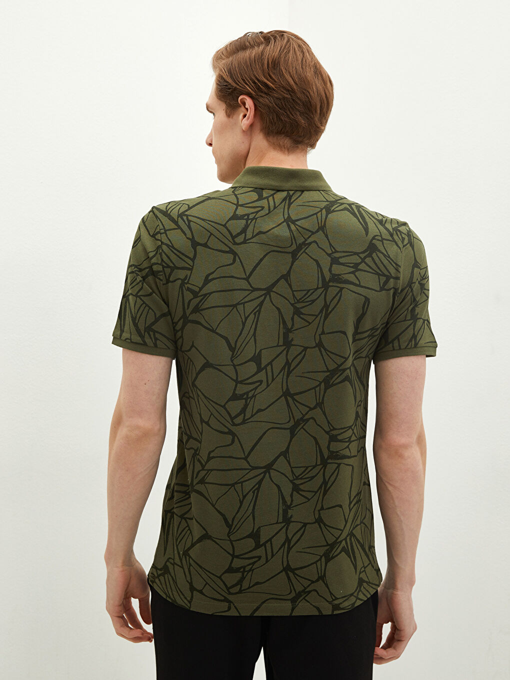 Haki Polo Yaka Kısa Kollu Desenli Pike Erkek Tişört-3