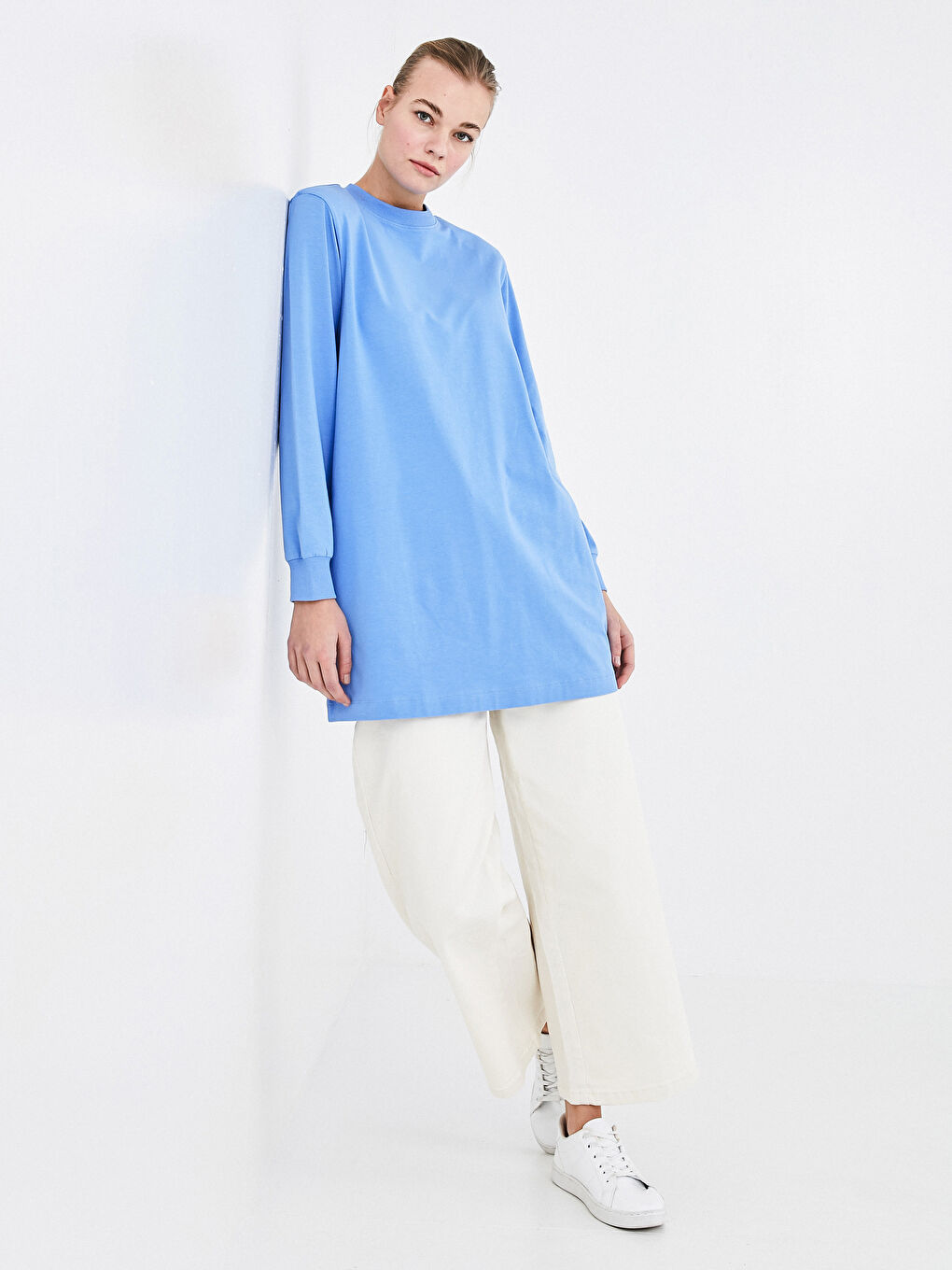 Crew Neck Plain Long Sleeve Women's Tunic-3