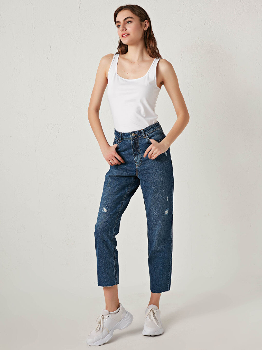 İndigo Yüksek Bel Straight Fit Yırtık Desenli Kadın Rodeo Jean Pantolon-2