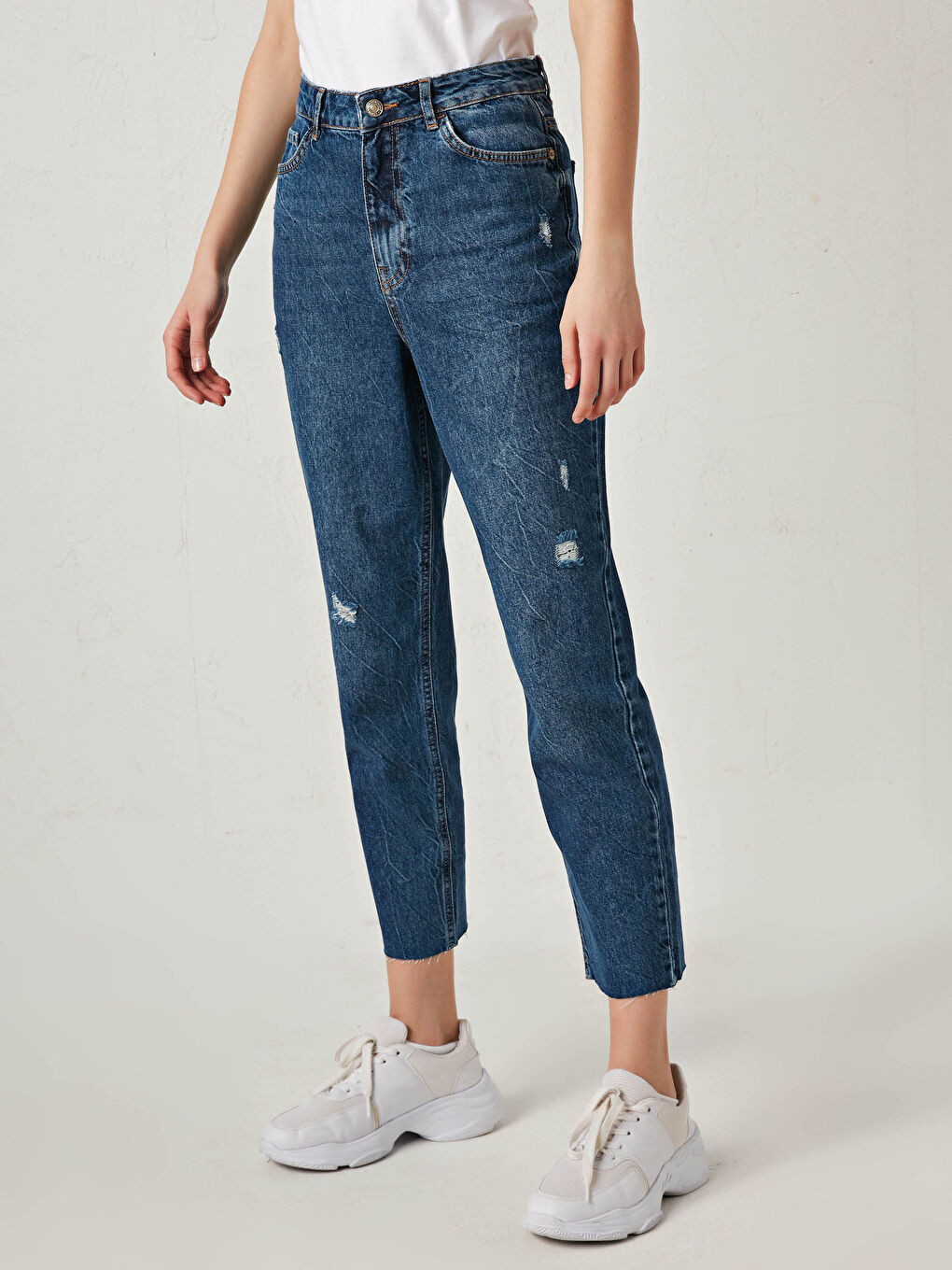 İndigo Yüksek Bel Straight Fit Yırtık Desenli Kadın Rodeo Jean Pantolon-3