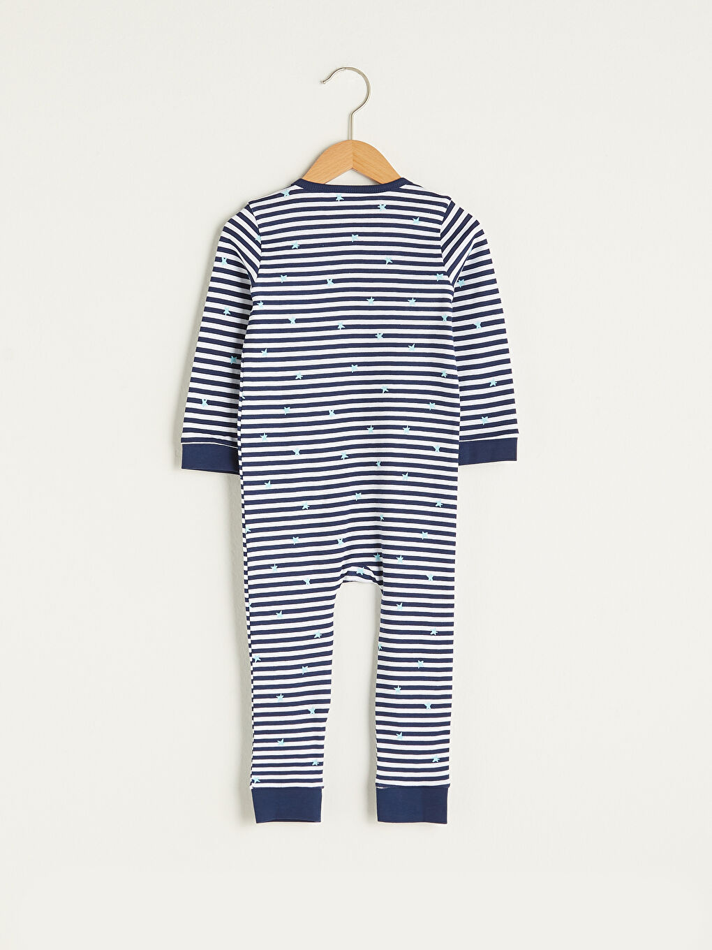 Beyaz Bisiklet Yaka Uzun Kollu Çizgili Pamuklu Erkek Bebek Fermuarlı Tulum-1