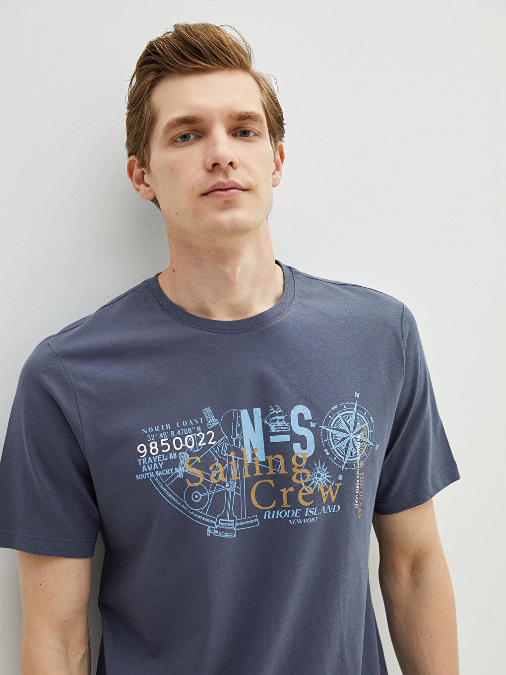 Antrasit Bisiklet Yaka Kısa Kollu Baskılı Penye Erkek Tişört-1