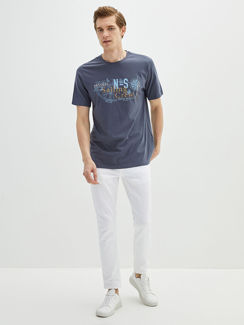 Antrasit Bisiklet Yaka Kısa Kollu Baskılı Penye Erkek Tişört-2