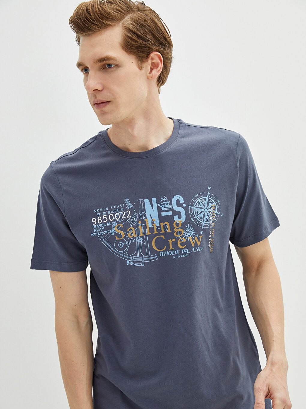 Antrasit Bisiklet Yaka Kısa Kollu Baskılı Penye Erkek Tişört-4