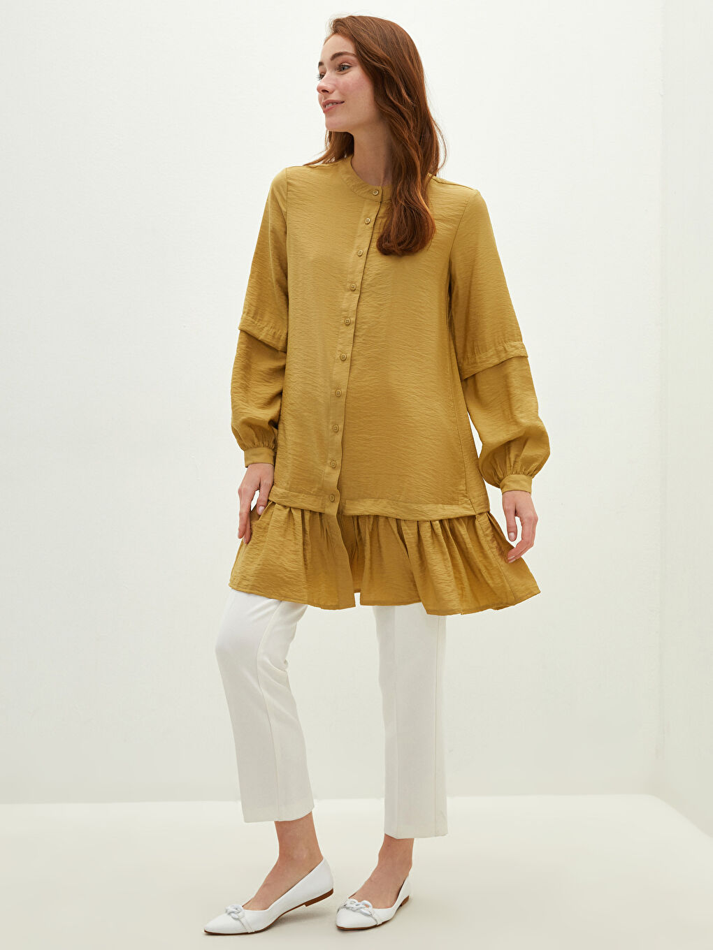 Tunică cu Guler de Judecător și Detalii Volănaș, Mânecă Lungă pentru Femei-2