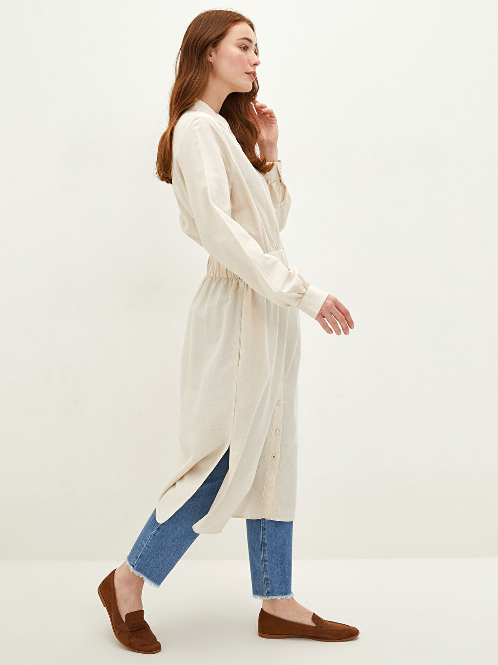 قميص تونيك للسيدات كم طويل سادة-1