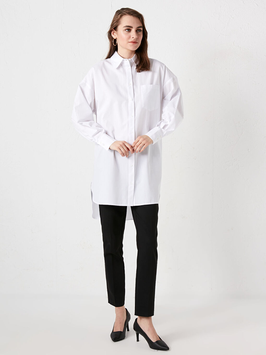 Pocket Detailed Straight Long Sleeve Poplin Women's Shirt Tunic-7