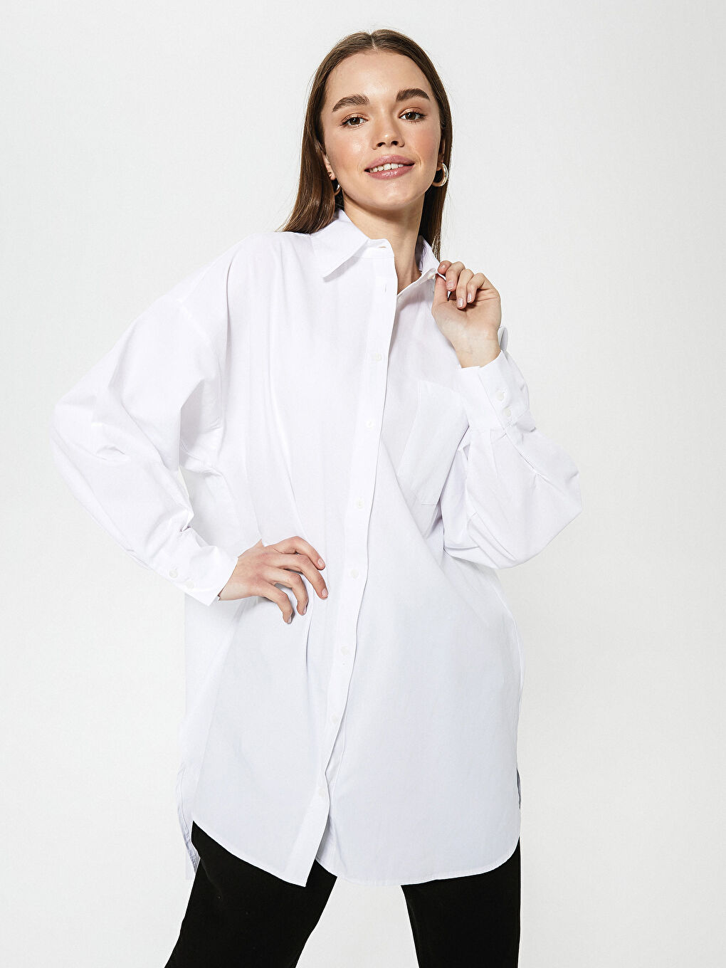 Pocket Detailed Straight Long Sleeve Poplin Women's Shirt Tunic