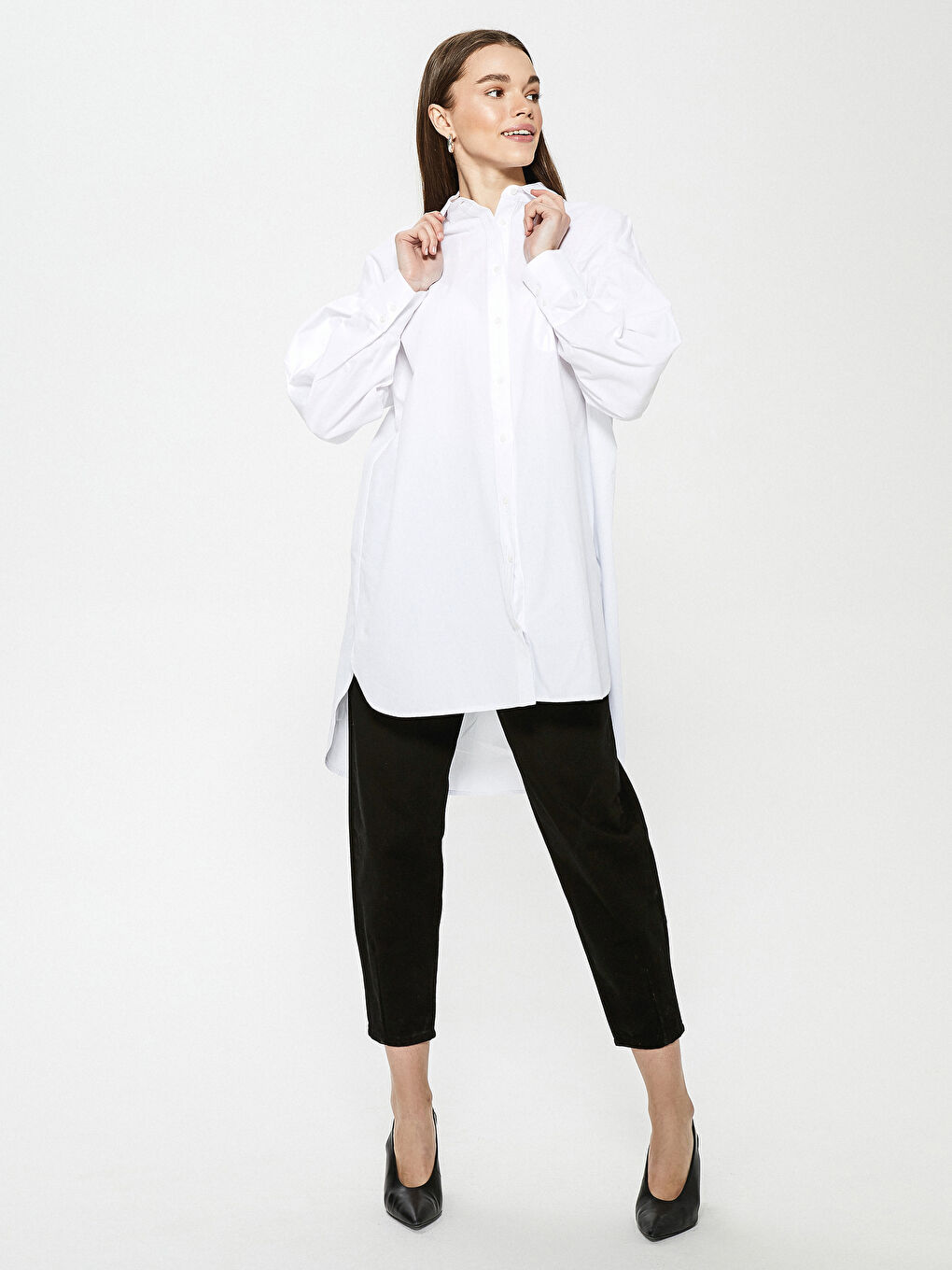 Pocket Detailed Straight Long Sleeve Poplin Women's Shirt Tunic-2