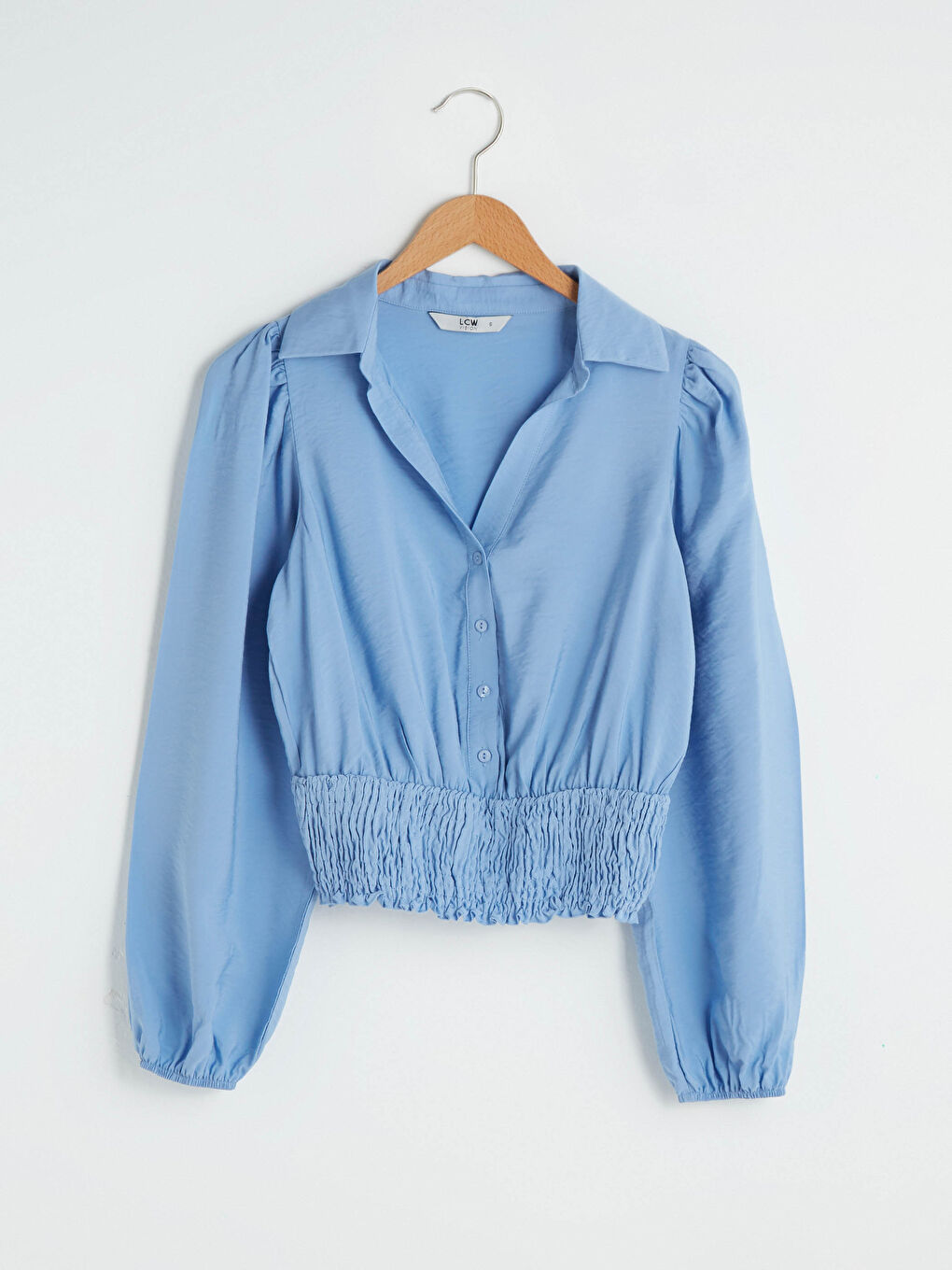 Mavi Gömlek Yaka Düz Uzun Kollu Kadın Bluz-7