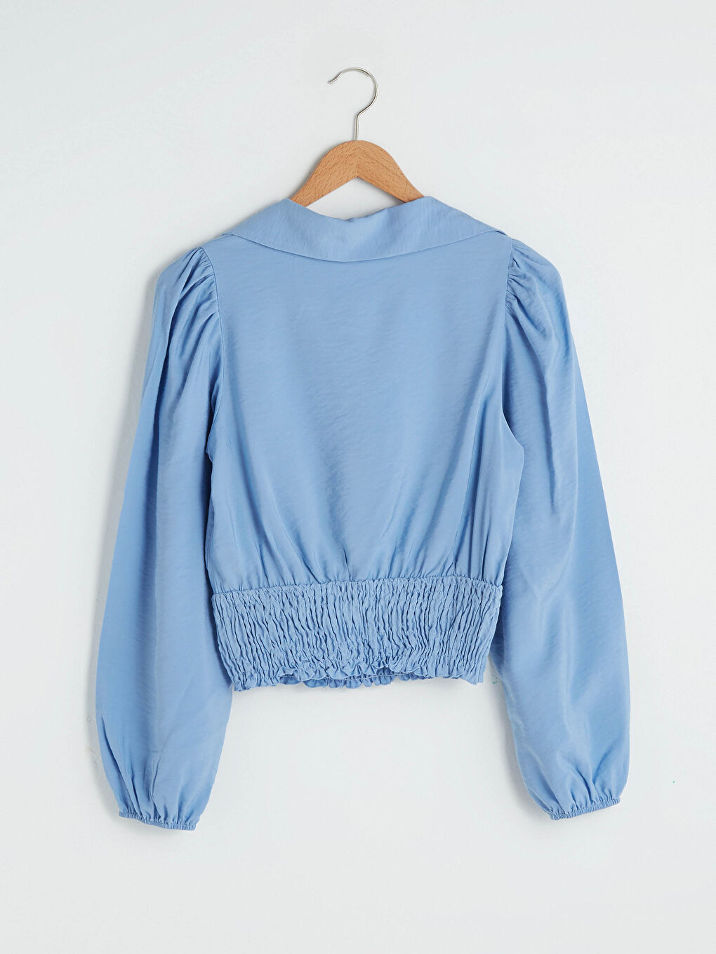 Mavi Gömlek Yaka Düz Uzun Kollu Kadın Bluz-8