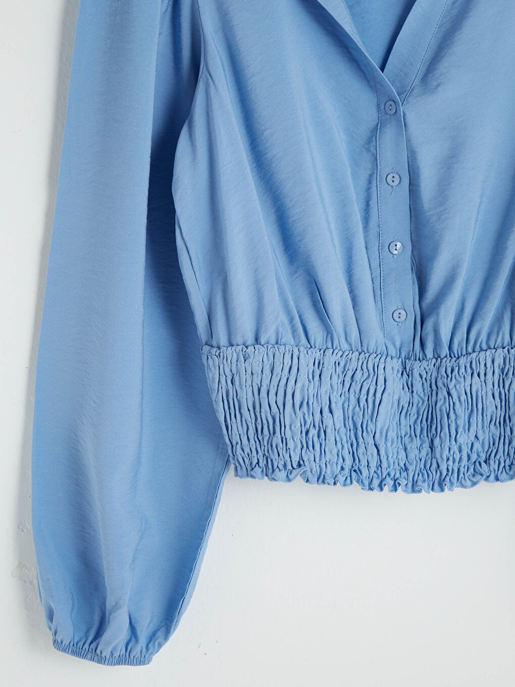 Mavi Gömlek Yaka Düz Uzun Kollu Kadın Bluz-9