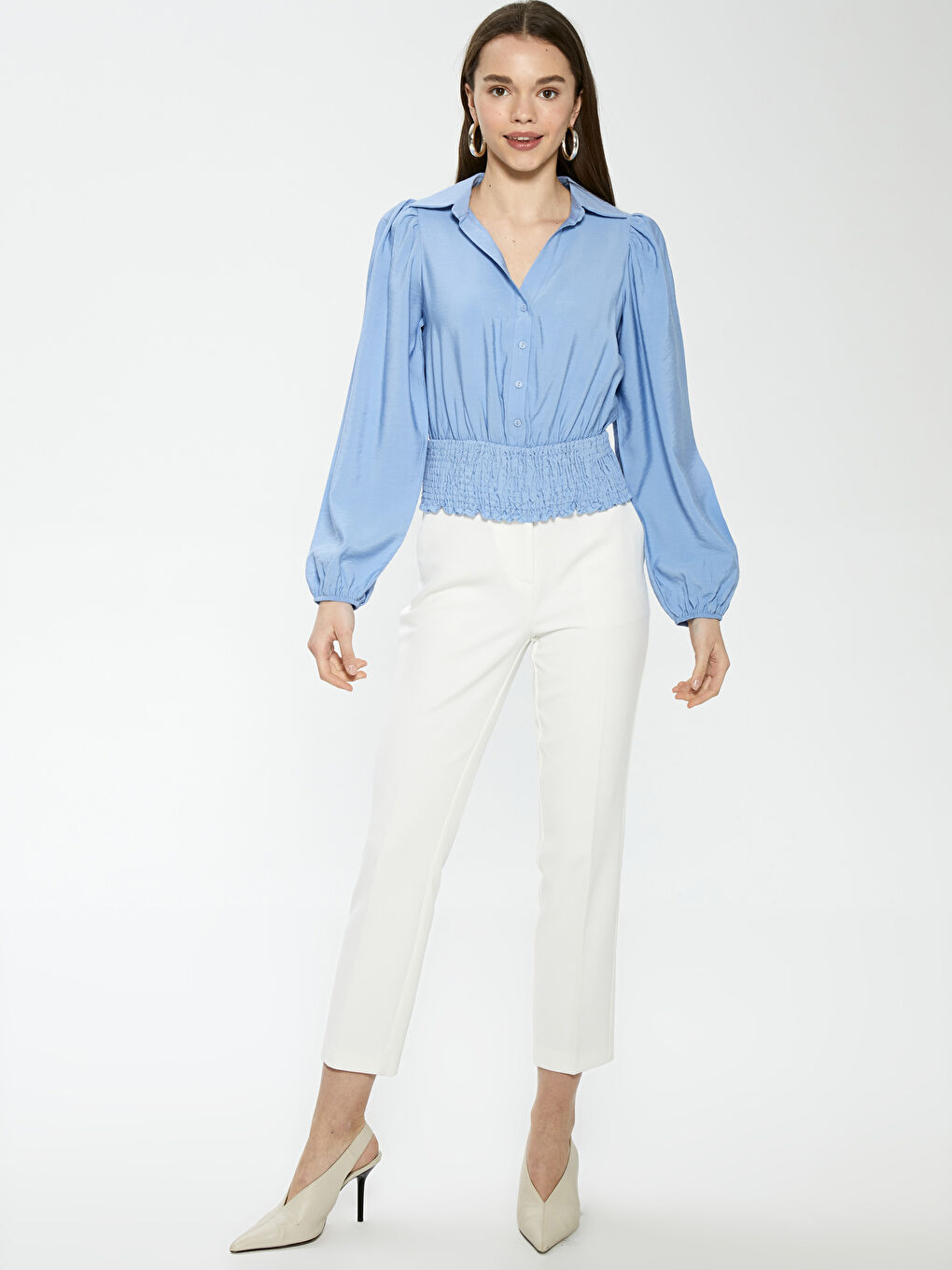 Mavi Gömlek Yaka Düz Uzun Kollu Kadın Bluz-2