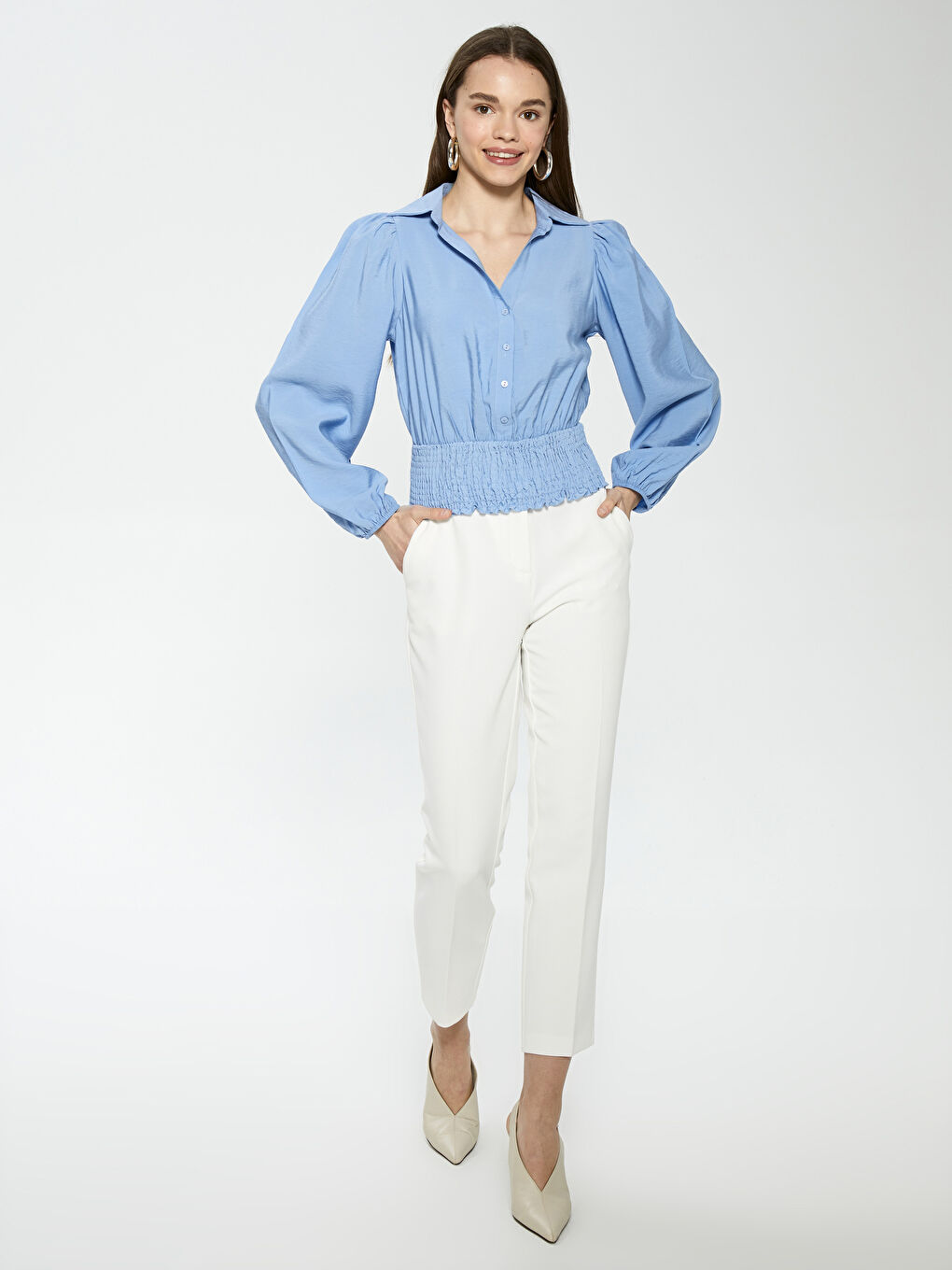 Mavi Gömlek Yaka Düz Uzun Kollu Kadın Bluz-3