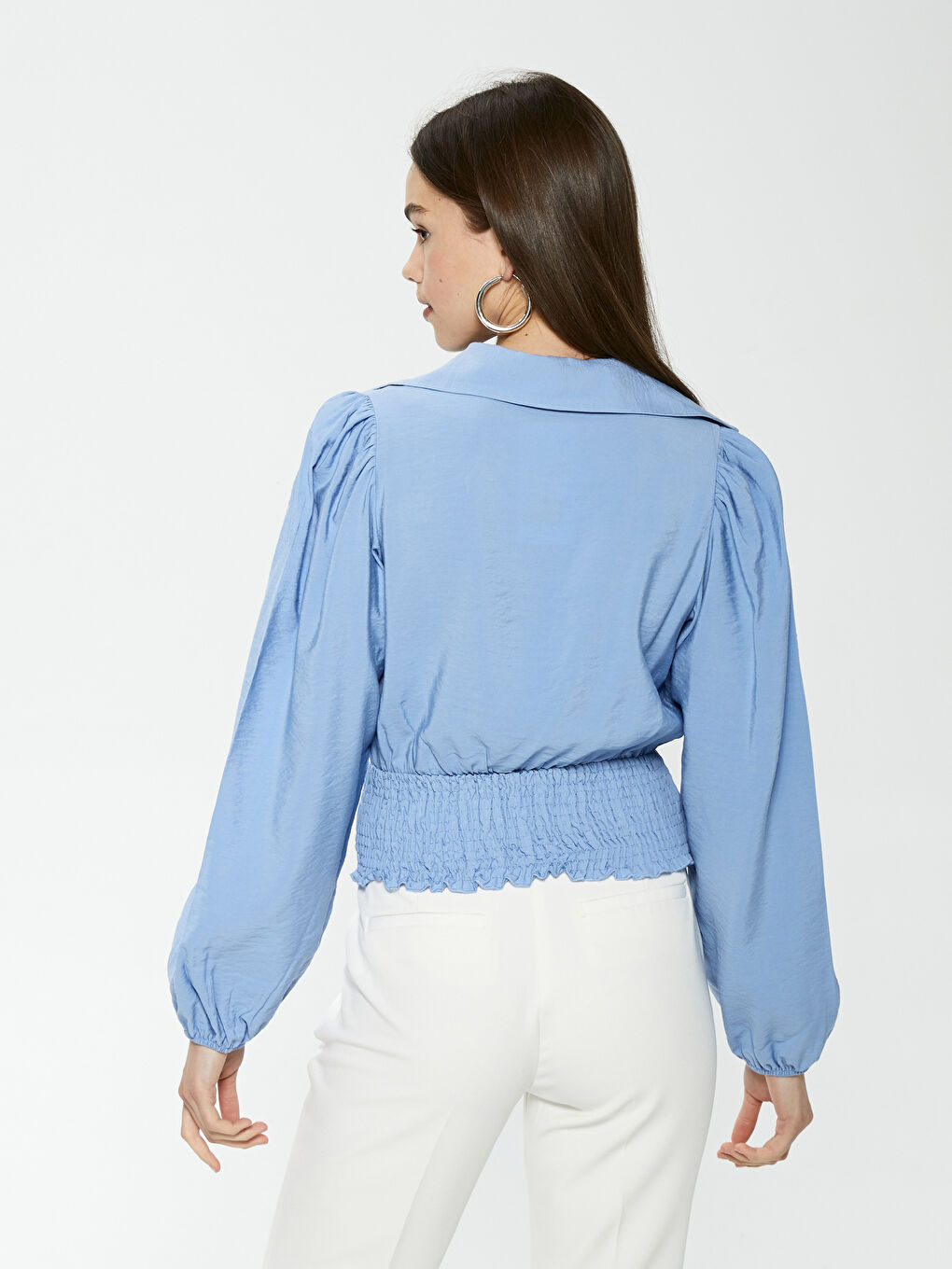 Mavi Gömlek Yaka Düz Uzun Kollu Kadın Bluz-5