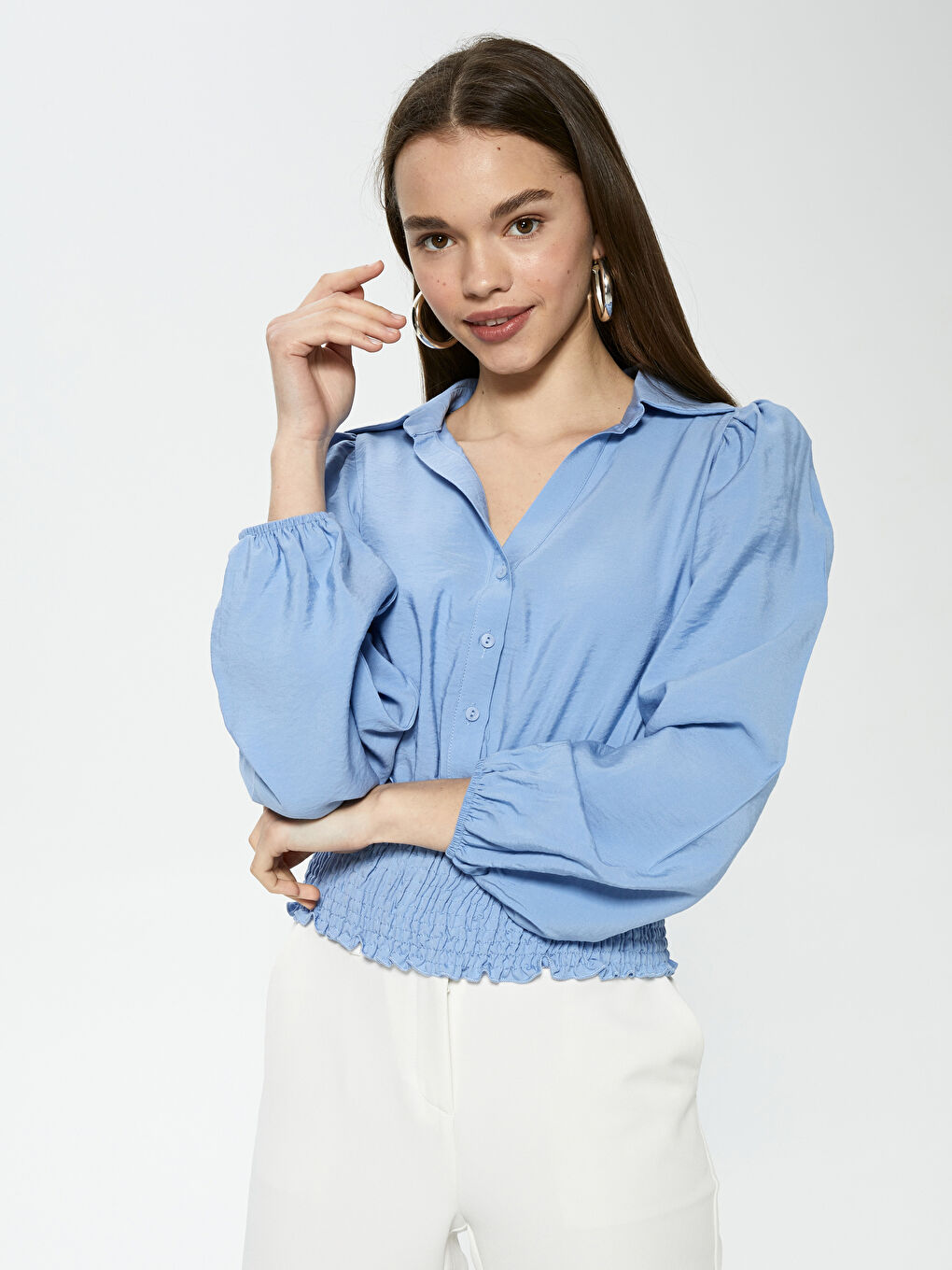 Mavi Gömlek Yaka Düz Uzun Kollu Kadın Bluz-6