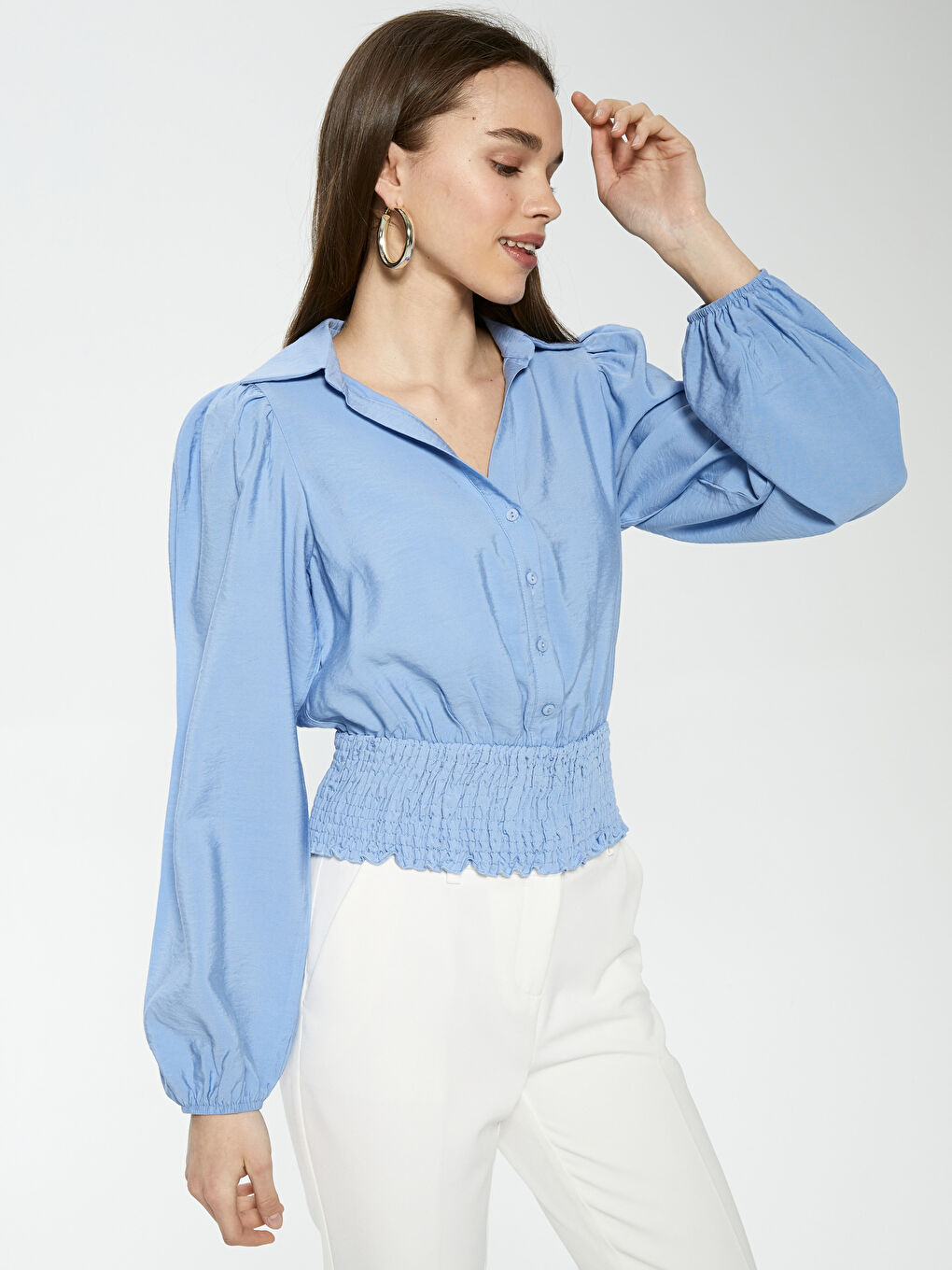 Mavi Gömlek Yaka Düz Uzun Kollu Kadın Bluz