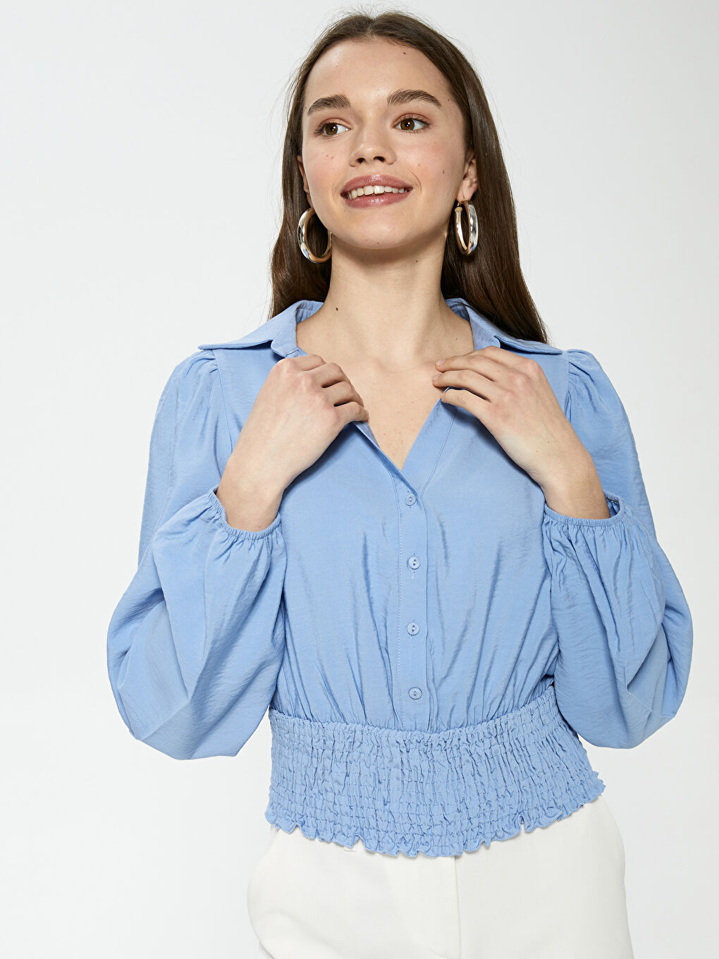 Mavi Gömlek Yaka Düz Uzun Kollu Kadın Bluz-1