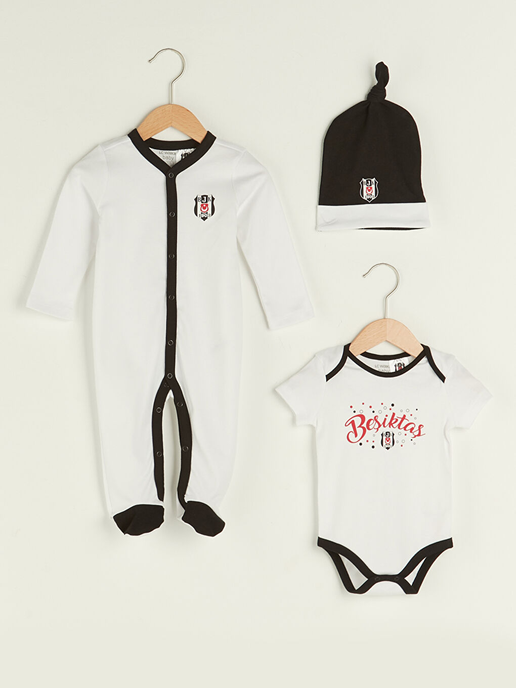 Beyaz Bisiklet Yaka Beşiktaş Baskılı Pamuklu Unisex Bebek Taraftar 3'lü Takım