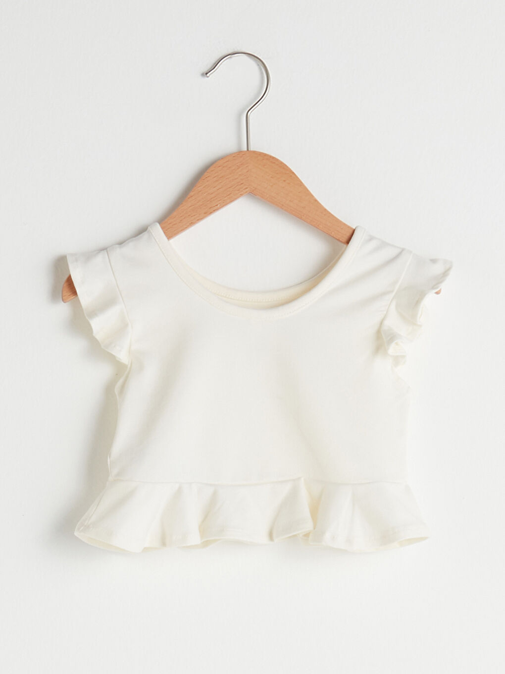 Ekru Bisiklet Yaka Kısa Kol Basic Kız Bebek Tişört-1
