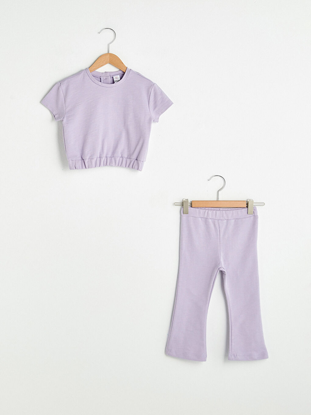 Lila Bisiklet Yaka Kısa Kollu Basic Kız Bebek Tişört ve Pantolon 2'li Takım