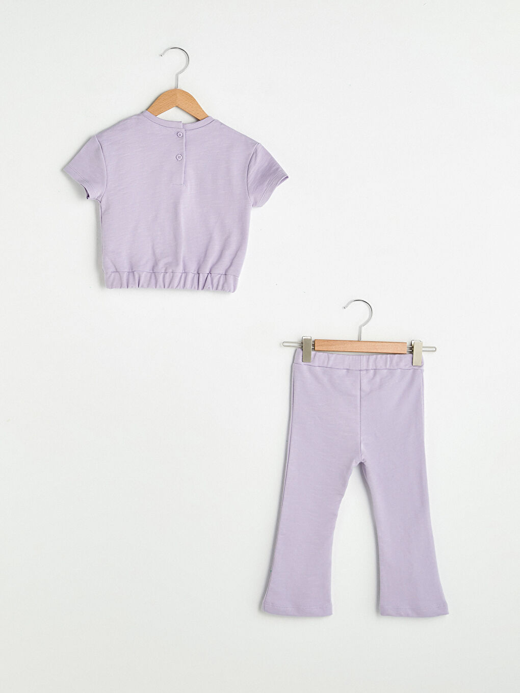Lila Bisiklet Yaka Kısa Kollu Basic Kız Bebek Tişört ve Pantolon 2'li Takım-1