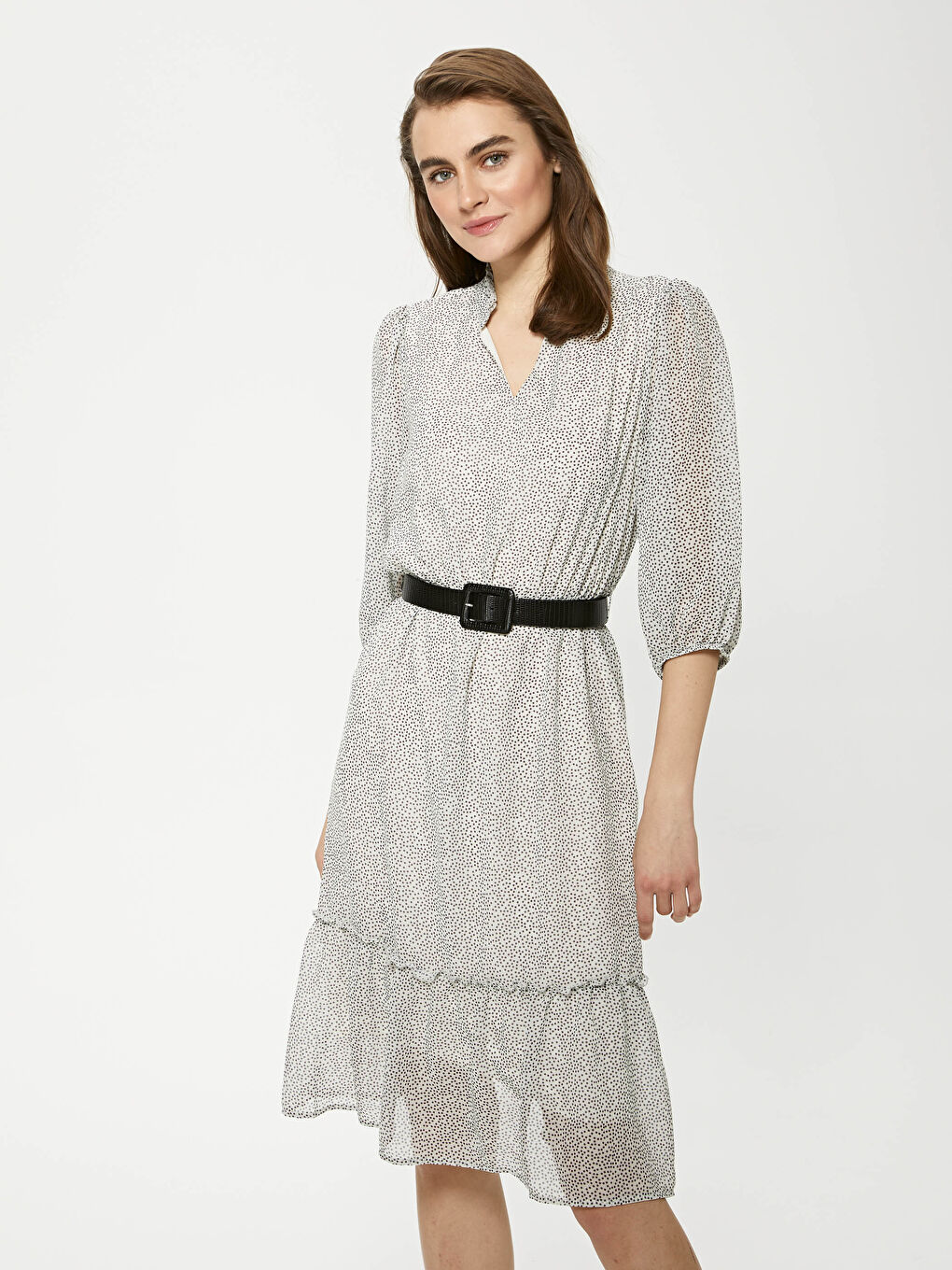 Bej V Yaka Desenli Fırfır Detaylı Kadın Elbise-2