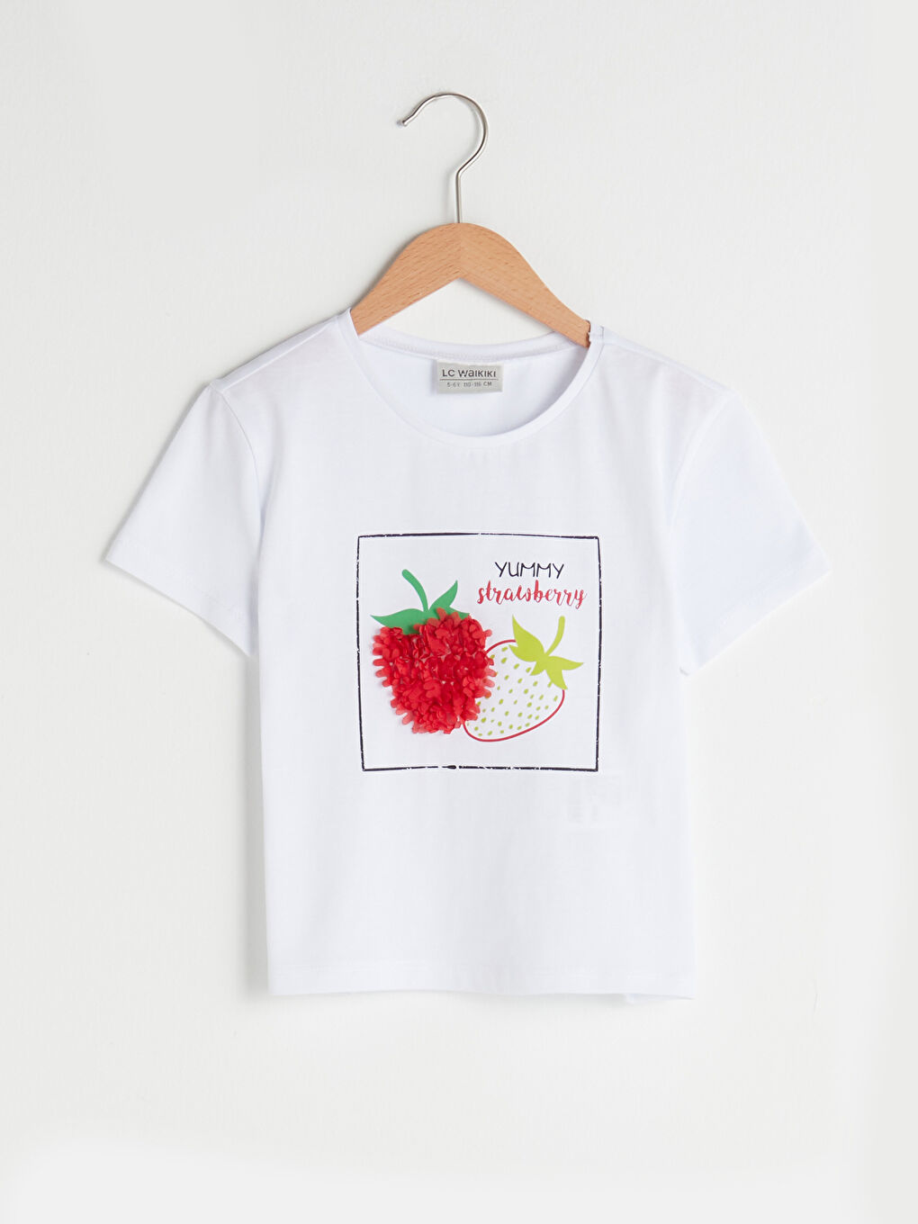 Beyaz Bisiklet Yaka Baskılı Aplike Detaylı Kısa Kollu Pamuklu Kız Çocuk Tişört