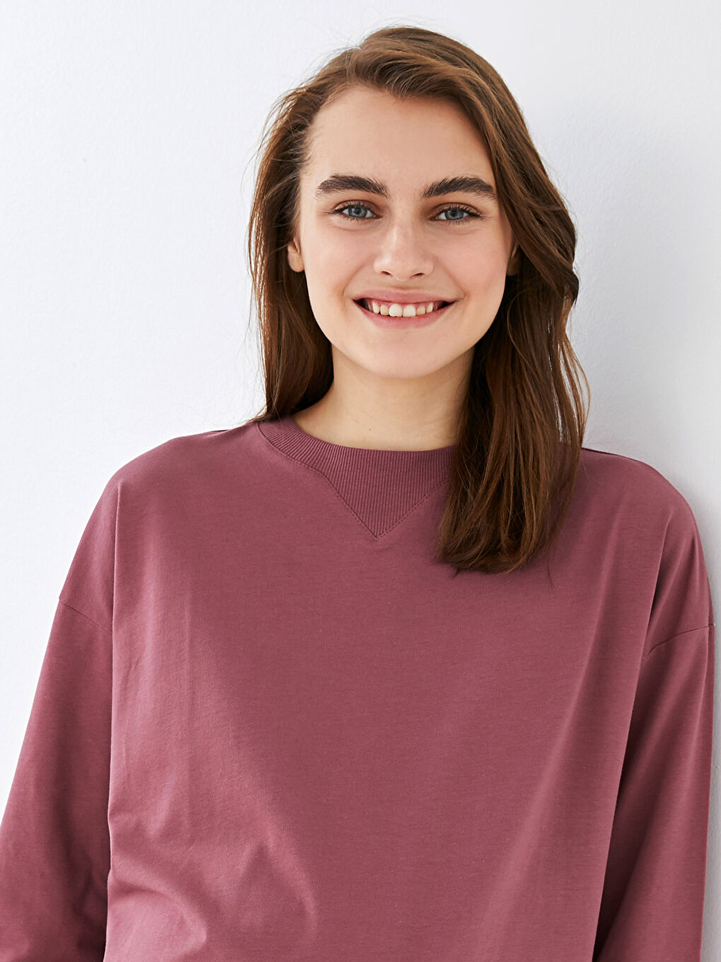 Pembe Bisiklet Yaka Düz Hamile Sweatshirt-3