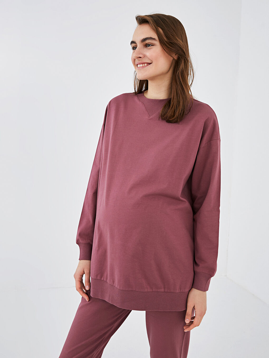 Pembe Bisiklet Yaka Düz Hamile Sweatshirt