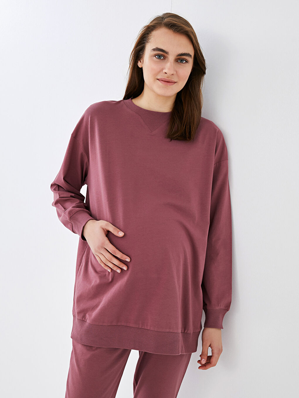 Pembe Bisiklet Yaka Düz Hamile Sweatshirt-1
