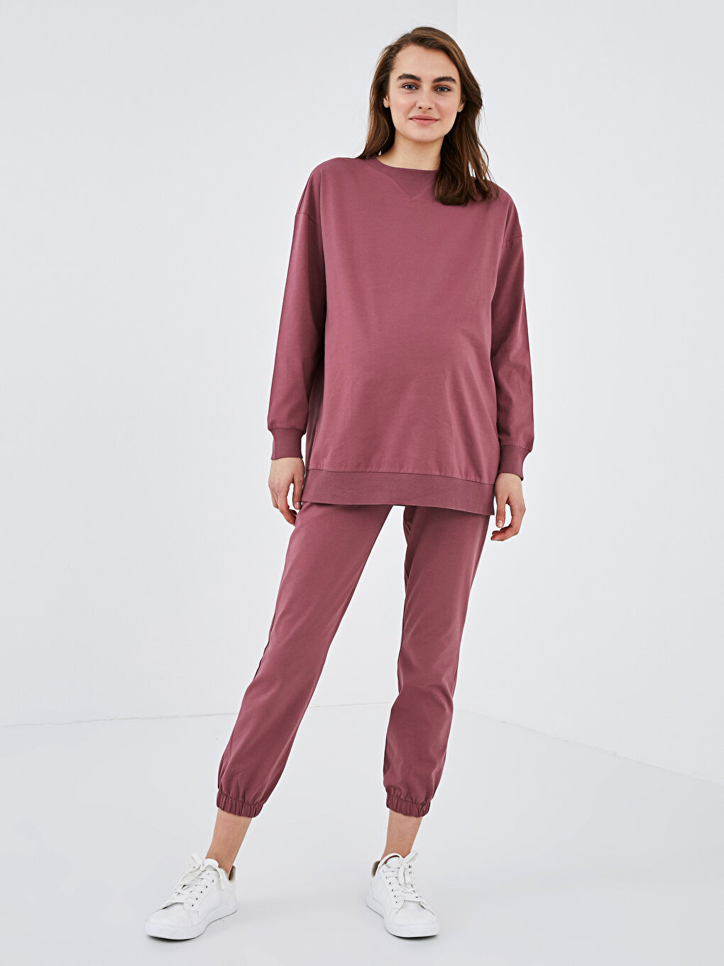 Pembe Bisiklet Yaka Düz Hamile Sweatshirt-2