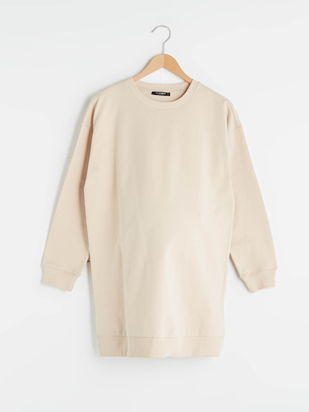 Bej Bisiklet Yaka Düz Uzun Kollu Hamile Tunik-4