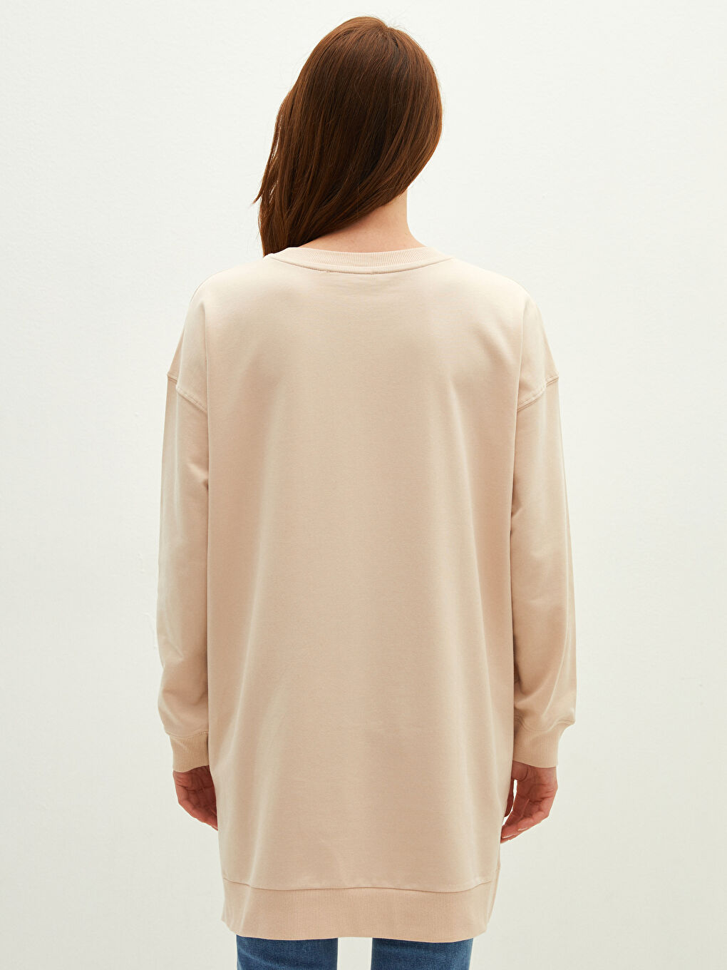 Bej Bisiklet Yaka Düz Uzun Kollu Hamile Tunik-3