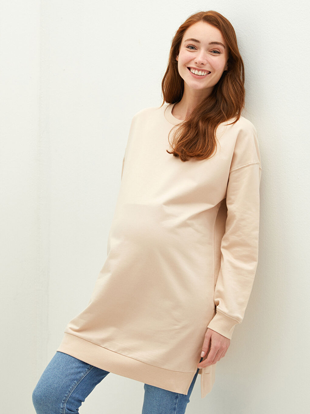 Bej Bisiklet Yaka Düz Uzun Kollu Hamile Tunik