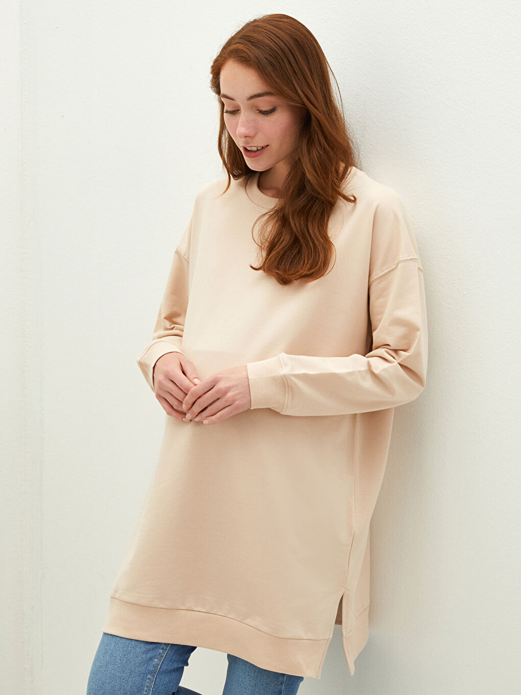 Bej Bisiklet Yaka Düz Uzun Kollu Hamile Tunik-1