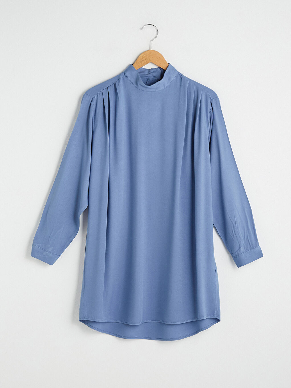 Mavi Hakim Yaka Düz Uzun Kollu Oversize Kadın Tunik-5