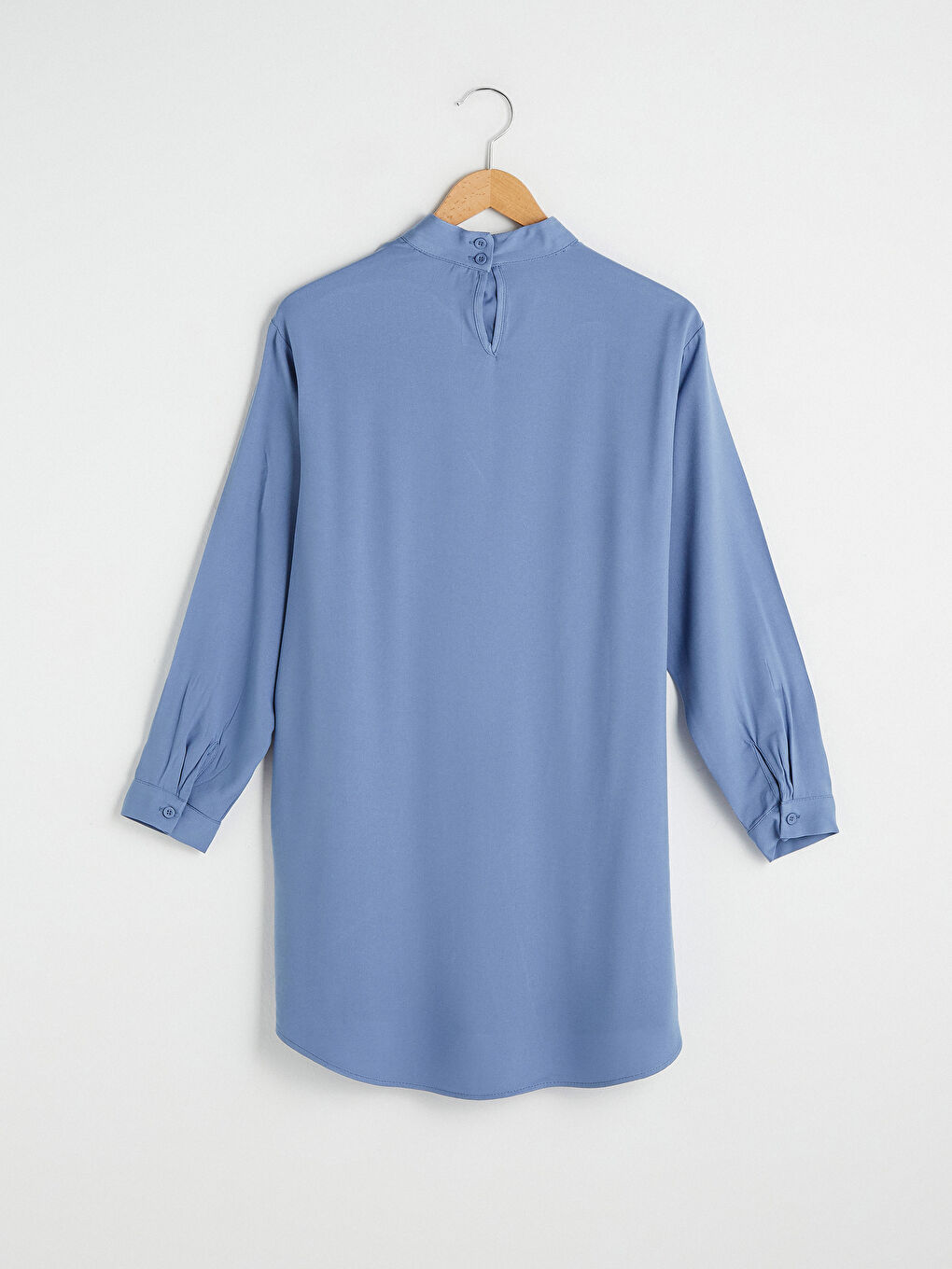 Mavi Hakim Yaka Düz Uzun Kollu Oversize Kadın Tunik-6