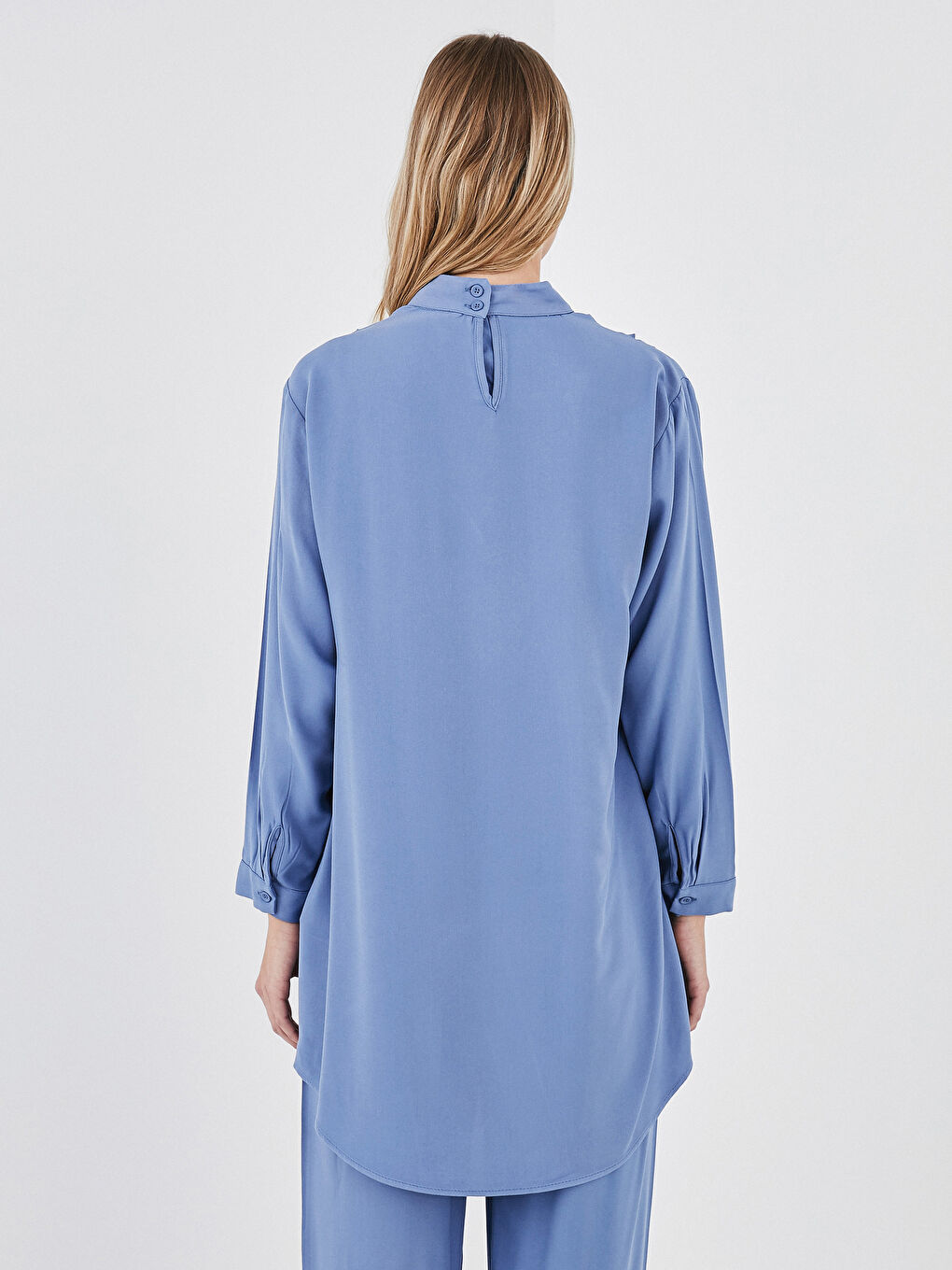 Mavi Hakim Yaka Düz Uzun Kollu Oversize Kadın Tunik-3