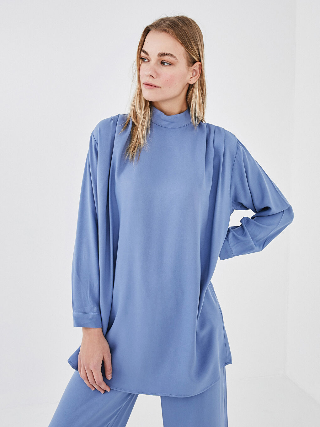 Mavi Hakim Yaka Düz Uzun Kollu Oversize Kadın Tunik-4